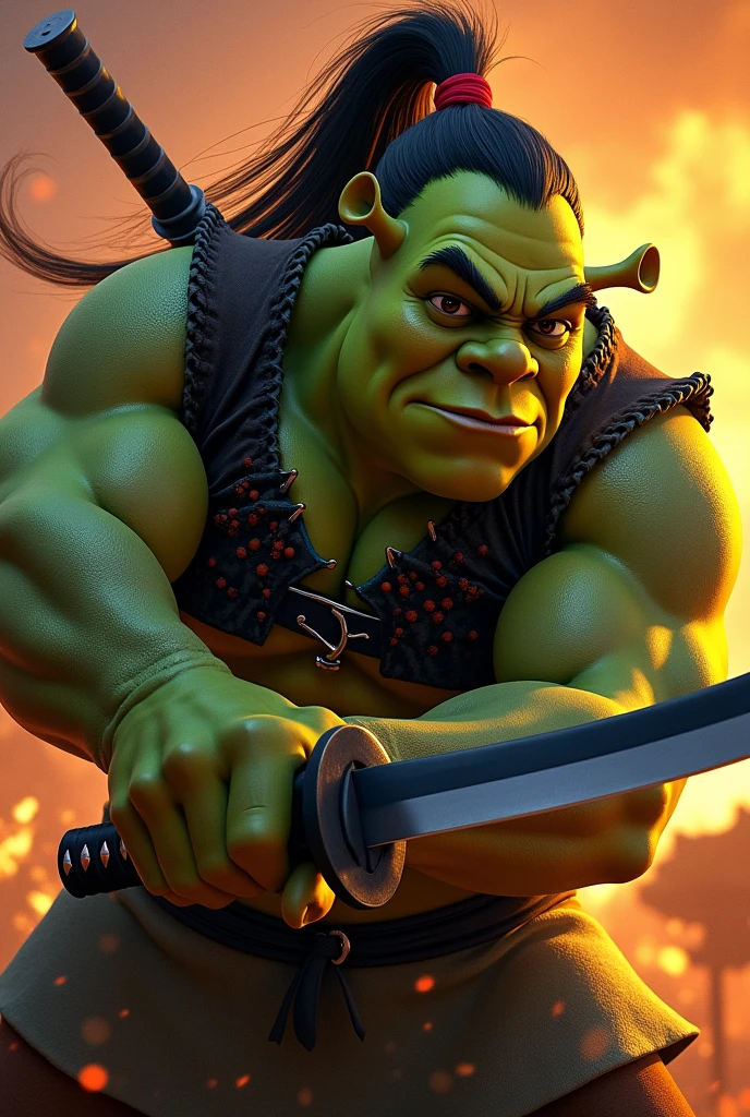 Shrek dressed in green and black checkered tunic, long black hair with red and a ponytail, a black katana in his hand, in attack position with fire
