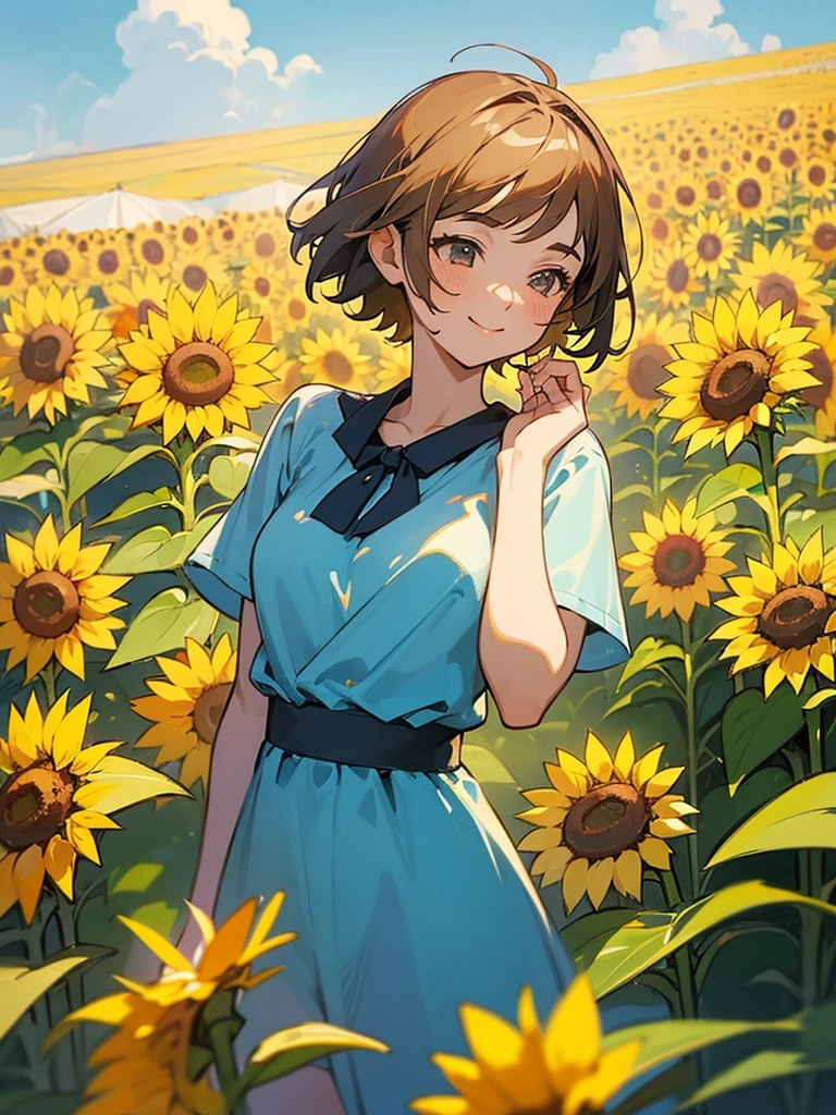 master piece, best quality, for below, cinematic angle, upper body , pigeon toed,
Anime-style Moe illustration, summer vacation theme, 20-year-old woman, sunflower field, short hair,
Picnic Maxi Dress, slightly inner thighs, smile, accurate drawing, Active pose, Active Angle,