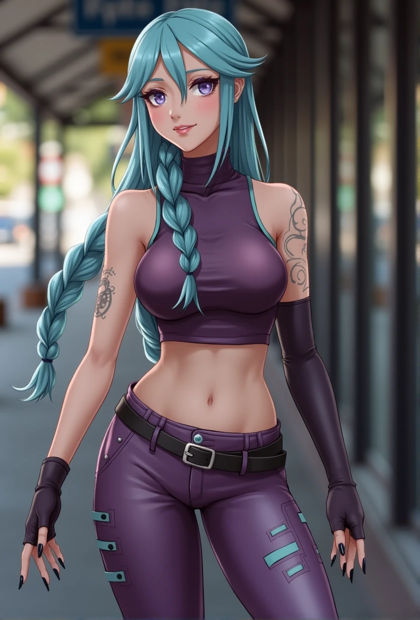 high quality, cosplay jinx,1girl, cosplayer, long hair, blue hair, twin braids, slim figure, parted lips, smiling, beautiful face, (large breasts), cleavage, perfect lips, sagging natural large size breasts, (covered breasts), body mole, Take a photo from below the knees at a face angle, beautiful detailed face, perfect and beautiful double eyelids, aroused, passion, choker, crop top, fingerless gloves, detached sleeves, single sleeve, belt, nail polish, tattoo, pants, boots, striped, perfect hand, (natural lighting:1.1), detailed skin, on the street,
