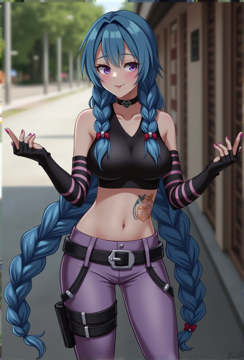 high quality, cosplay jinx,1girl, cosplayer, long hair, blue hair, twin braids, slim figure, parted lips, smiling, beautiful face, (large breasts), cleavage, perfect lips, sagging natural large size breasts, (covered breasts), body mole, Take a photo from below the knees at a face angle, beautiful detailed face, perfect and beautiful double eyelids, aroused, passion, choker, crop top, fingerless gloves, detached sleeves, single sleeve, belt, nail polish, tattoo, pants, boots, striped, perfect hand, (natural lighting:1.1), detailed skin, on the street,