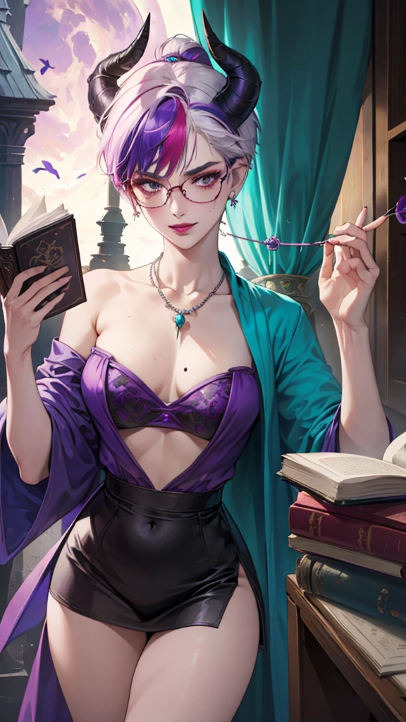 8k, masterpiece, best quality, highly detailed, 1 girl, tiefling, warlock, pixie cut, multicolored hair, very short straight hair red highlight hair on white hair, strippled hair, wearing glasses, round glasses, earrings, navel piercing, red eyeshadow, long eyelashes, blushed cheek, red lips, pearl necklace, rings, collarbone, mole on face, glamorous, teal and purple clothes, miniskirt, smirk, close up view, rings, looking at viewer, demon horns, solo, blue pale moon, standing, royal dress, devil books.