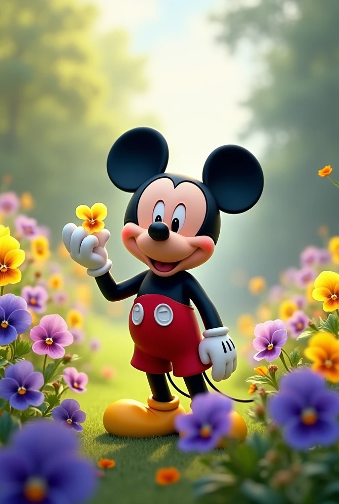 Mickey Mouse standing in a field of flowers pansies and holding one flower in his hand