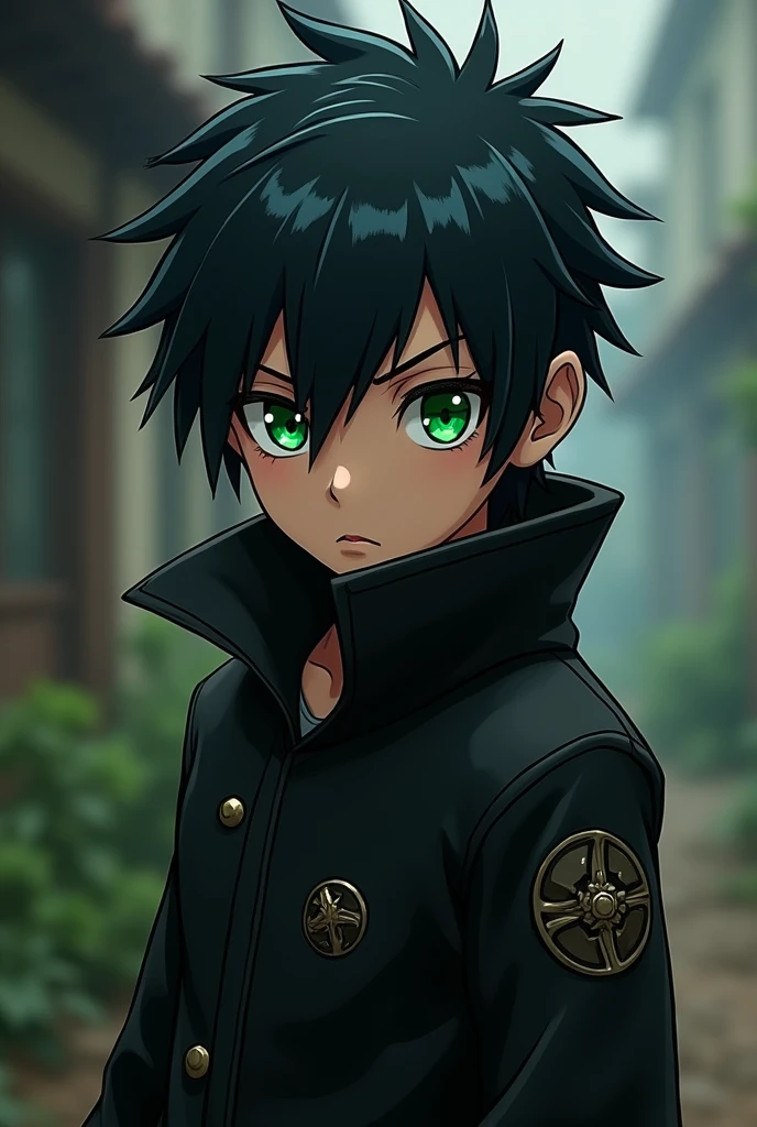 Boy Style Naruto Character Black hair a little big Dark green eyes Black coat