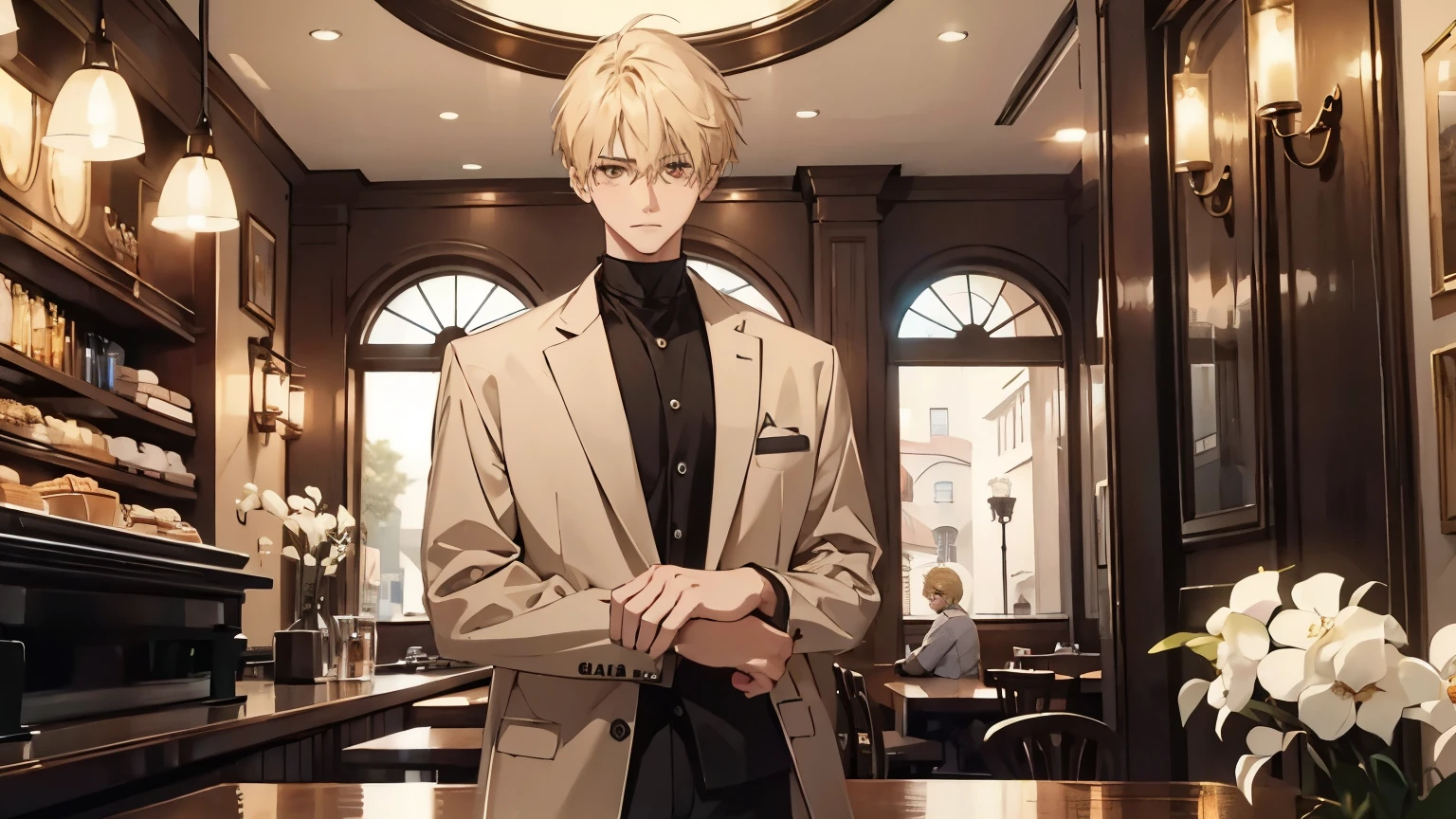 1 boy, blond hair, brown eyes, clear eyes, serious looking, tall, lean, casual clothes, looking at the viewer, waiting at a cozy café, high res, ultrasharp, 8k