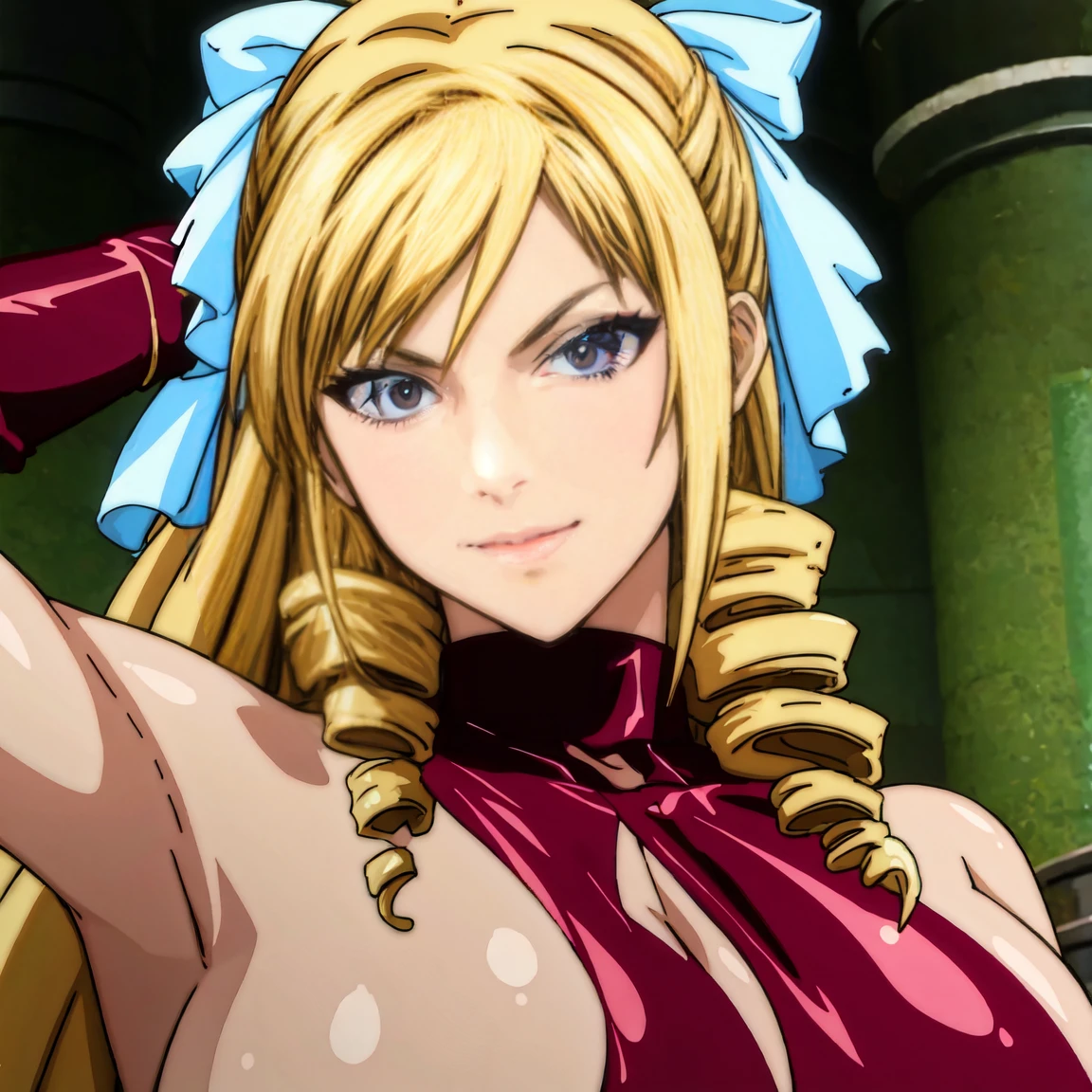 (masterpiece, Highest quality:1.2), One girl, alone, Elbow hand pockets. bondage, Thigh-high boots, Red clothes, White Hair Ribbon, Drill Hair, Purple eyes, Blonde, Long Hair, Large Breasts, bangs, cleavage cutout, bare shoulder, adult face, fearless face, 
