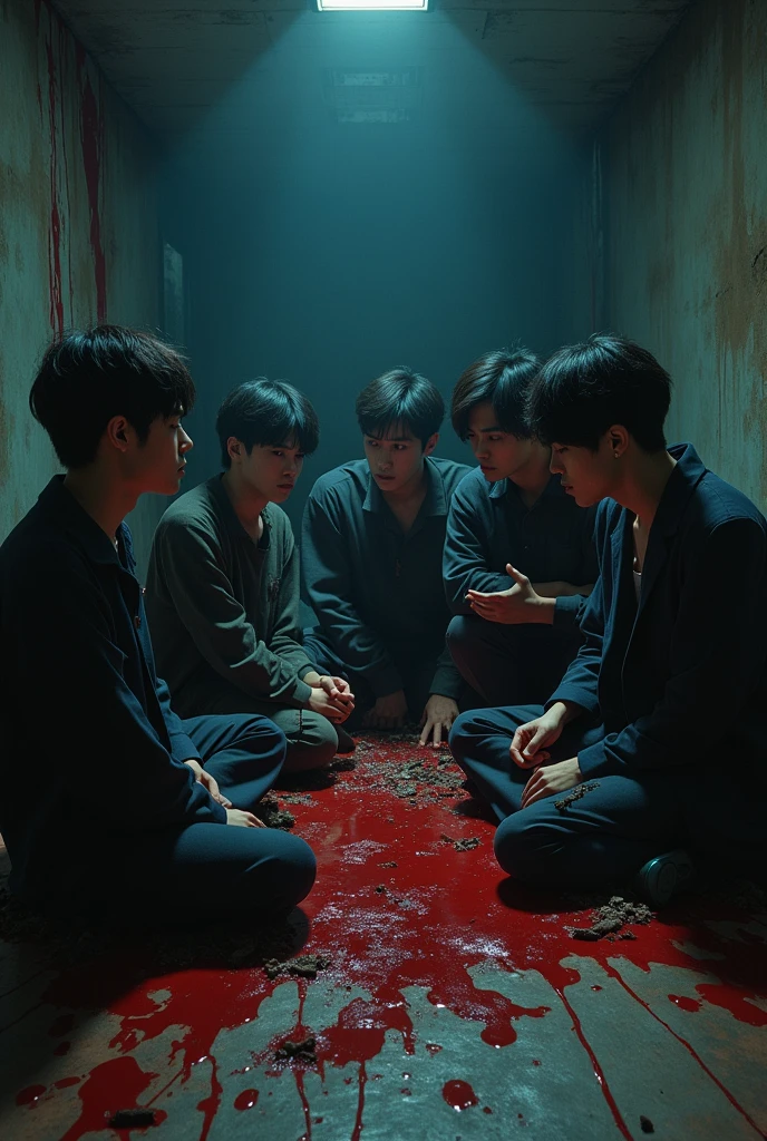 Stray s (kpop group) blood stained sitting on the floor
