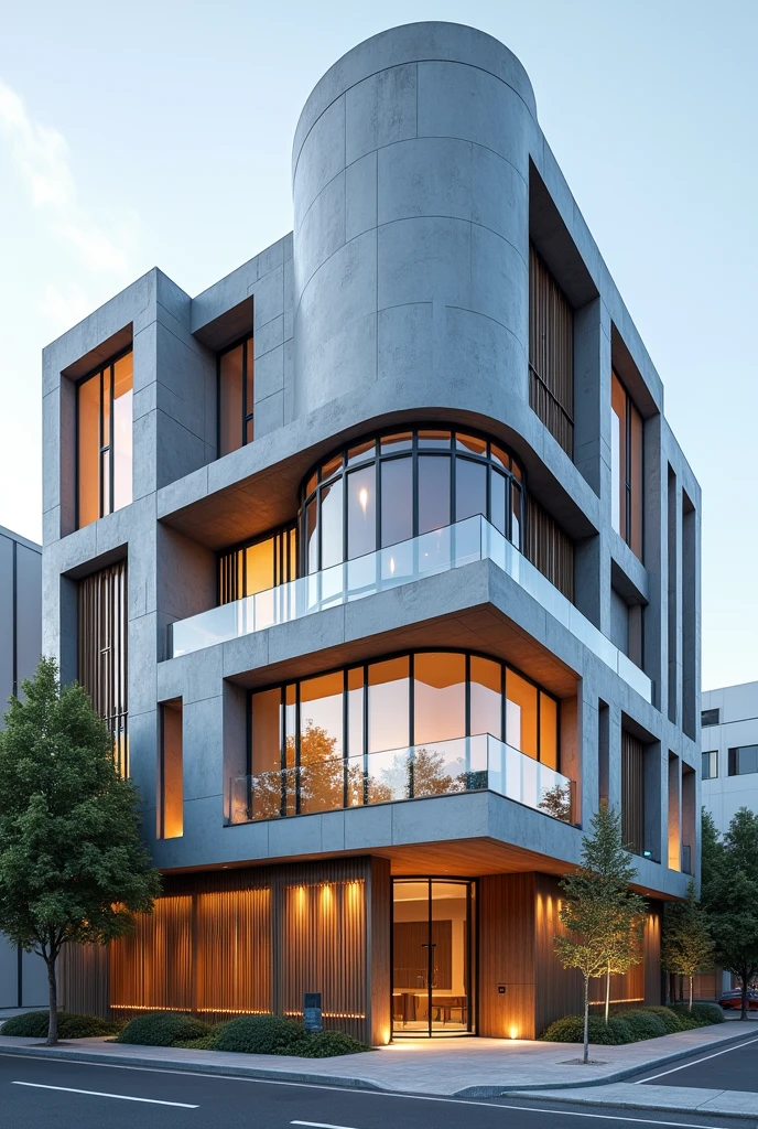 Create a modern architectural facade for a school that contains separate elements, and have different formats, with a cylindrical tower in the middle