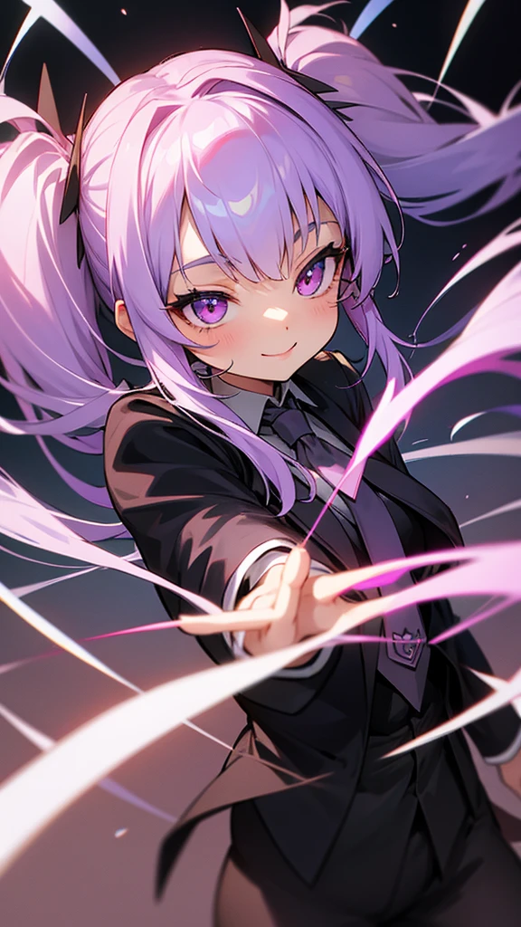 Black tailcoat、tie、Light purple hair、thick twin tails、Baby Face、Pink Eyes、、masterpiece, Highest quality, Anatomically correct, smile、
