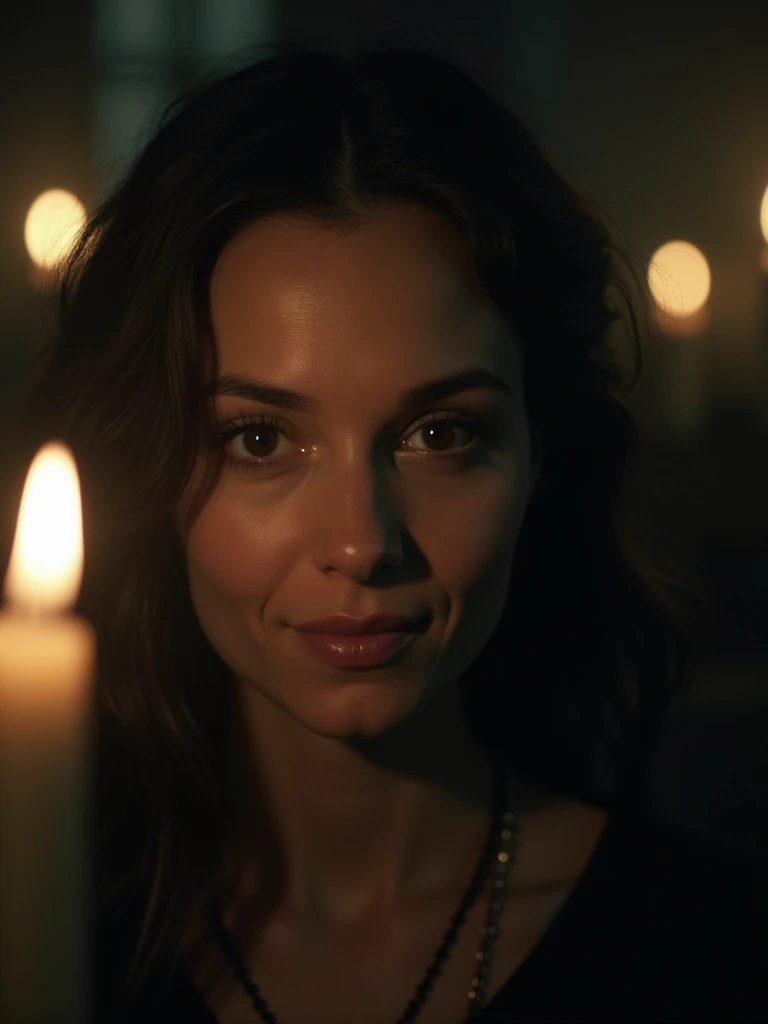 a woman's face with a blank stare, thin lips smile sarcastically, peep, cut lit by dim candles. UHD