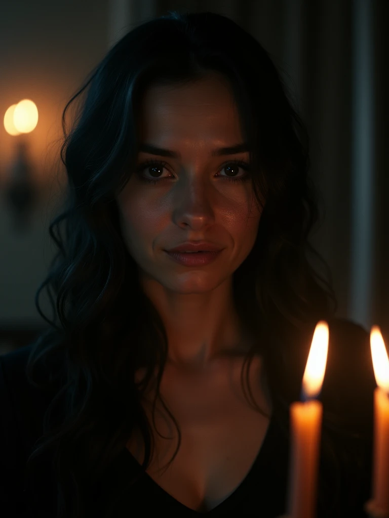 a woman's face with a blank stare, thin lips smile sarcastically, peep, cut lit by dim candles. UHD
