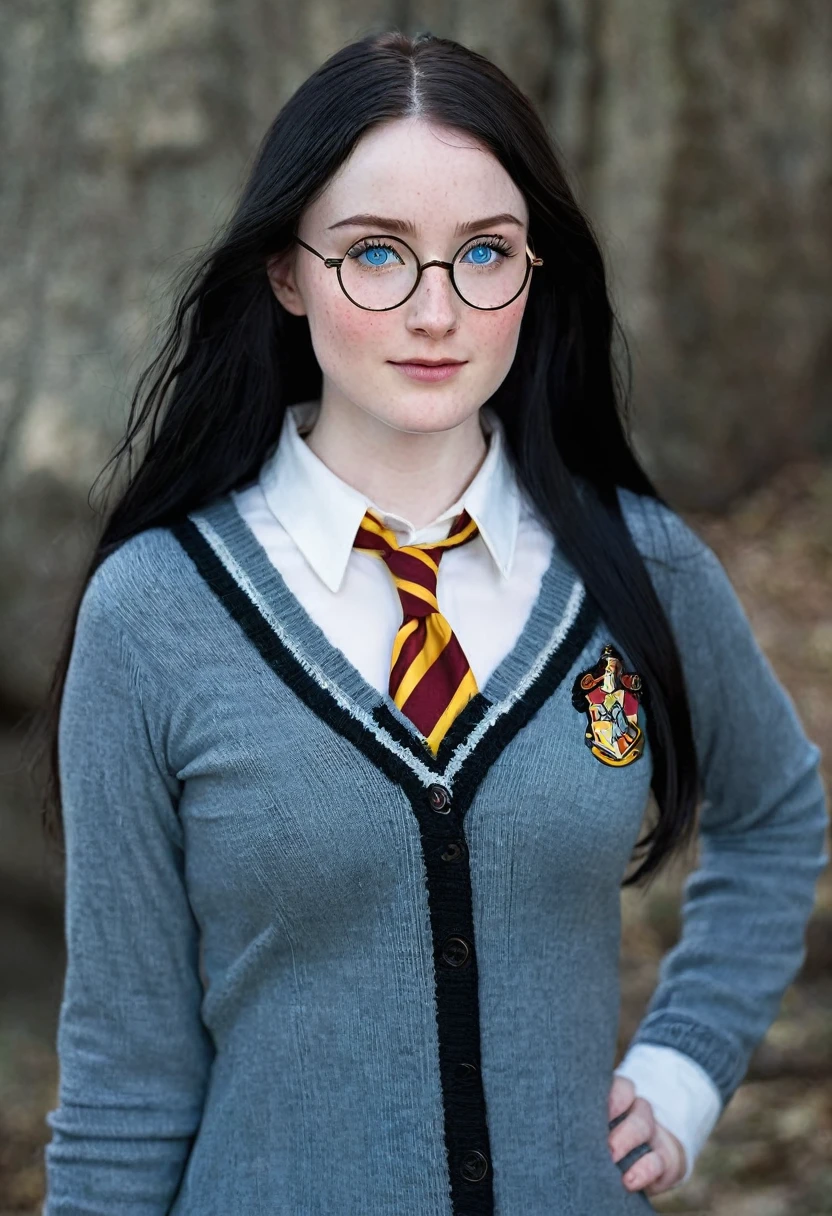 Caucasian woman 1.75 tall, light blue eyes, long black hair, pale skin and freckles, double E breasts, big butt. She is dressed as a harry potter and wears glasses.