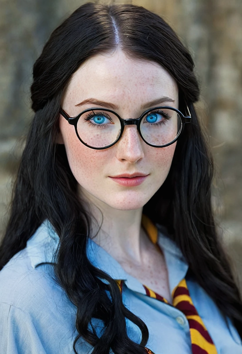 Caucasian woman 1.75 tall, light blue eyes, long black hair, pale skin and freckles, double E breasts, big butt. She is dressed as a harry potter and wears glasses.