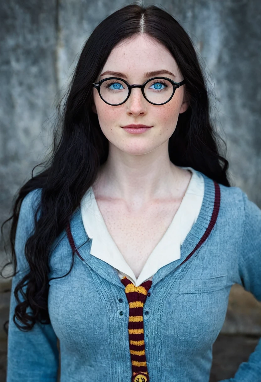 Caucasian woman 1.75 tall, light blue eyes, long black hair, pale skin and freckles, double E , big butt. Ss dressed as a harry potter and wears glasses.