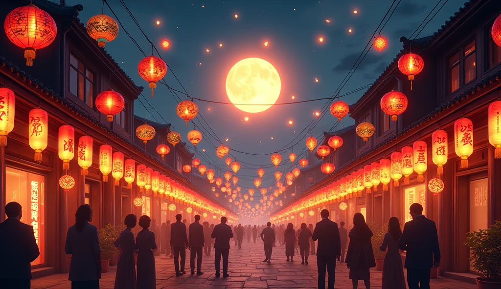 image of a traditional Mid-Autumn Festival night Vietnam with a bright full moon in the sky, sparkling lanterns hanging everywhere.