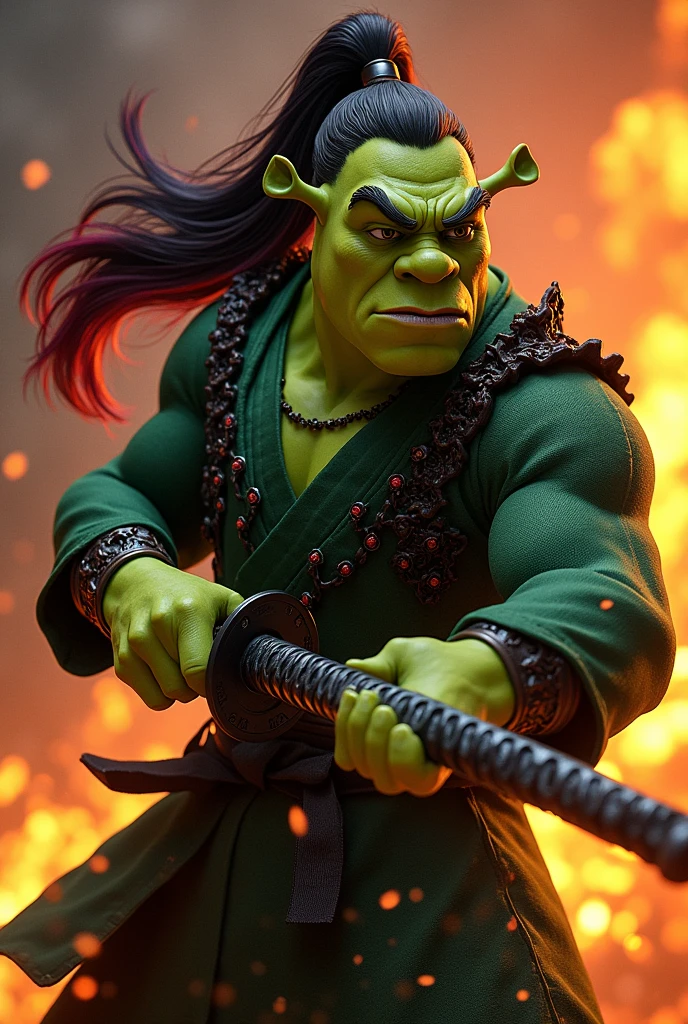 Shrek dressed in green and black checkered tunic, long black hair with red and a ponytail, a black katana in his hand, in attack position with fire