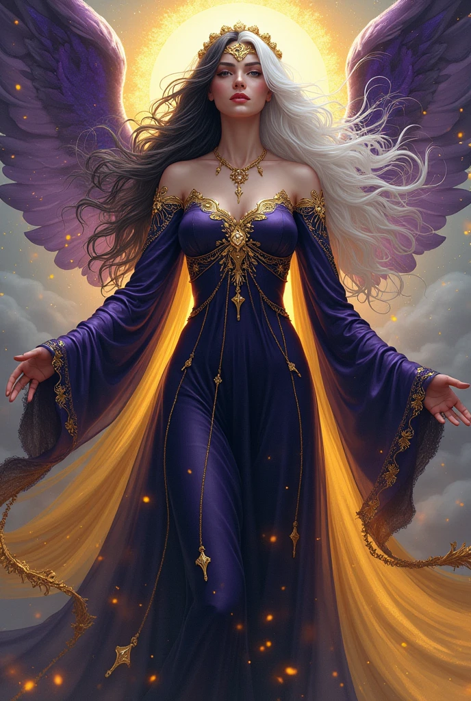 Ethereal Majestic female goddess with dark purple , dark blue , yellow colour palette. Black or white hair
