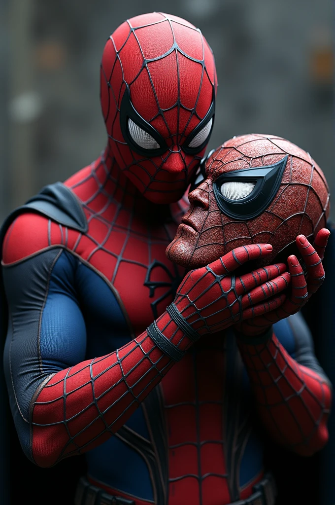 Create image of spiderman holding batman's severed head