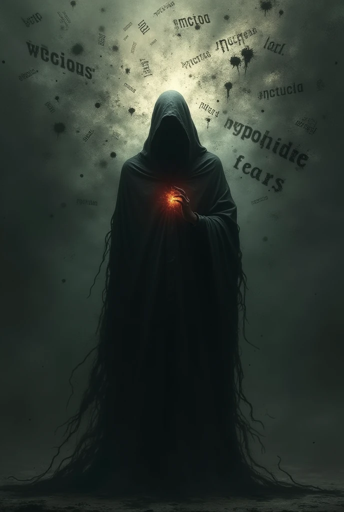 a figure shrouded in shadows surrounded by floating words like vicious hypocritical fears and others with a bright shining light emerging from his chest wishing to get out of his misery.