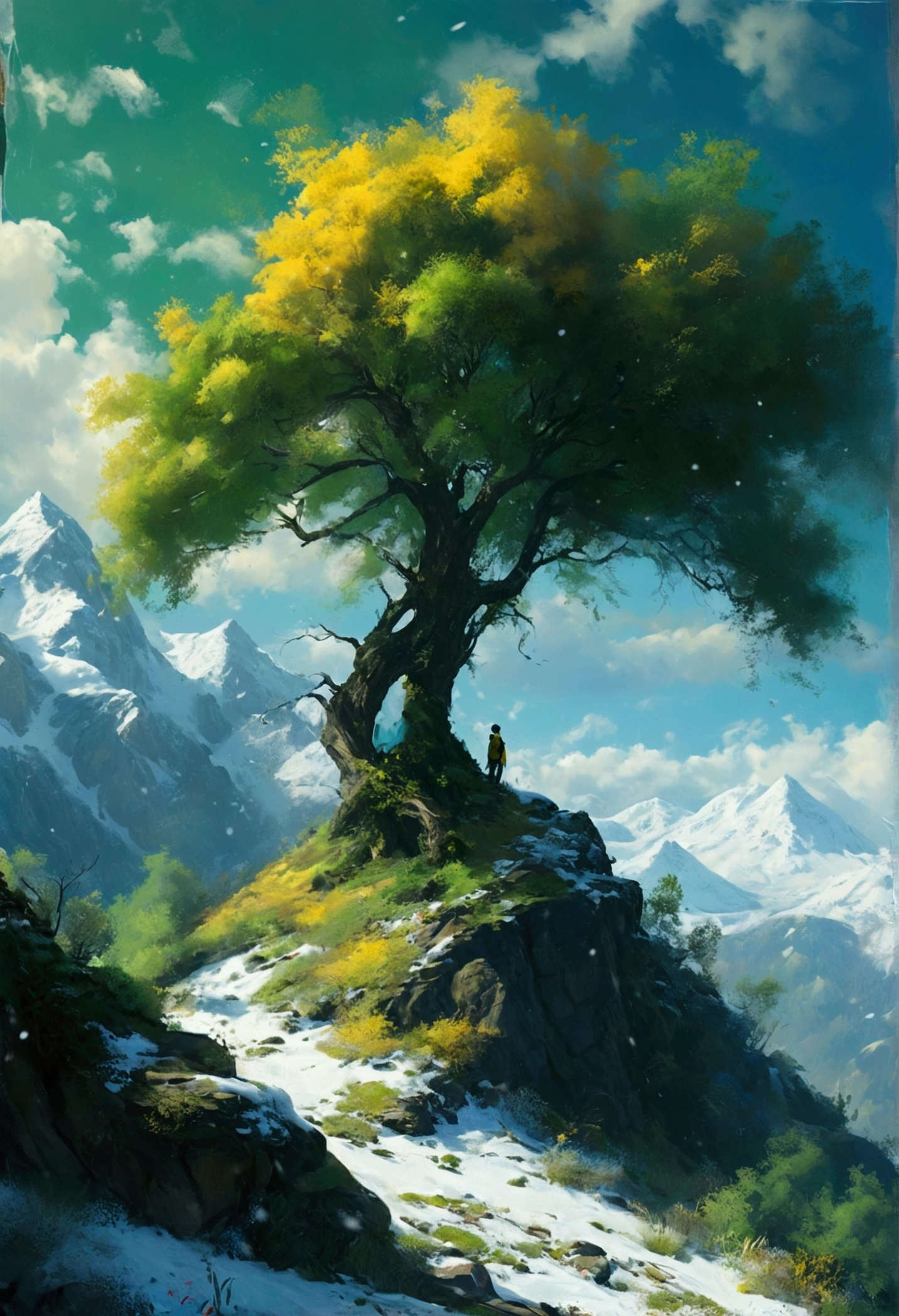 ((Masterpiece))((beautiful))((realistic))green mountain and yellow green tuorqois sky with Oren sky blue snow ,no people,size 4MB,