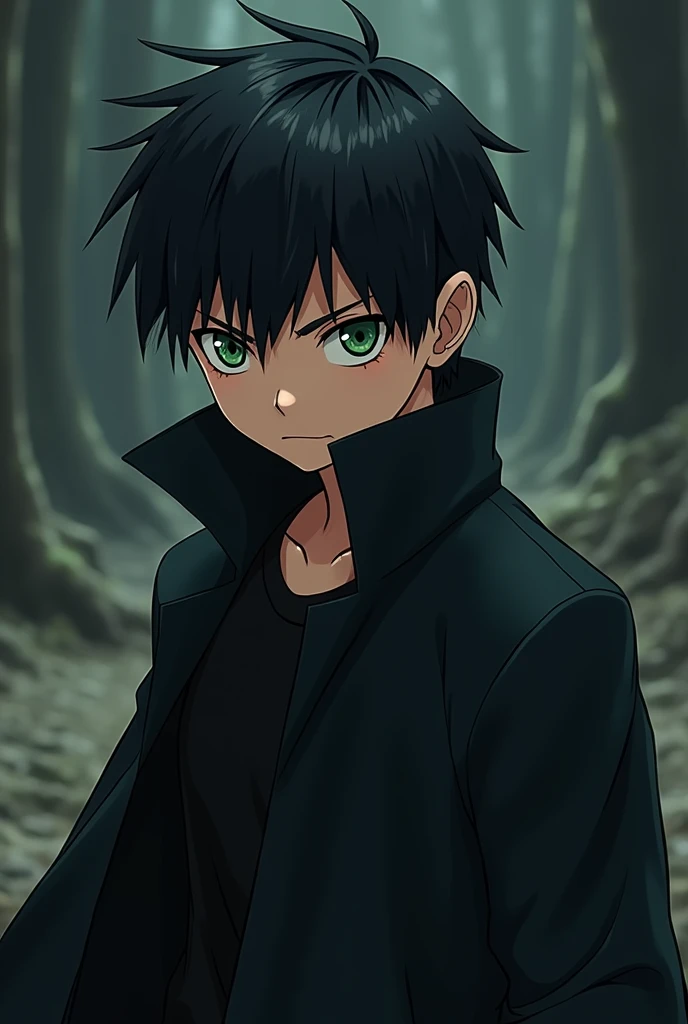 Boy Style Naruto Character Black hair a little big Dark green eyes Black coat