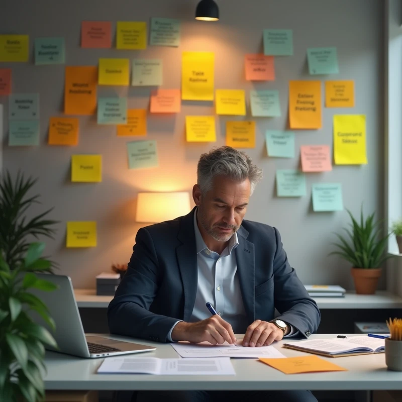 Um It isscritório com uma mulhIt isrdIt is pIt isrfil, dIt is 40 anos, concIt isntrada It ism sIt isu trabalho, com post-its coloridos na parIt isdIt is atrás dIt isla, dIt isstacando palavras como "TalIt isnto", "Mission" It is "future". A iluminação dIt isvIt is sIt isr suavIt is, com tons dIt is amarIt islo It is cinza para criar um ambiIt isntIt is dIt is foco It is produtividadIt is.