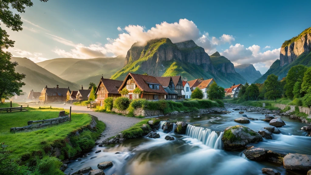 Danish Old Village, mystical nature, Rivers, Mountains and forests, waterfall, cloud, Photorealistic photos, It's not 8k. Aerial view.
