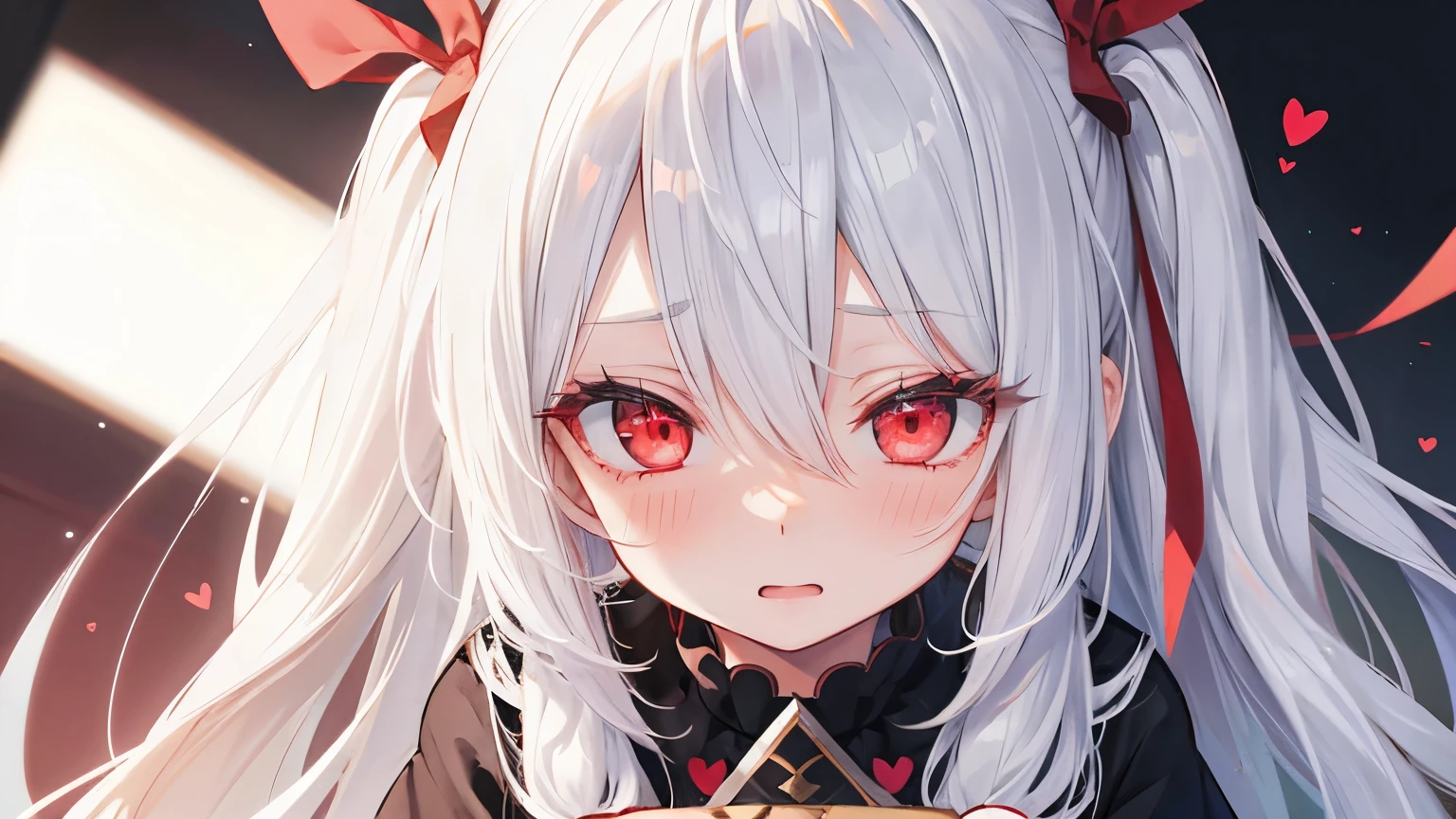1girl,long white hair,Red eyes,embarrassed,heart-shaped eyes,Yandere,close-up eye