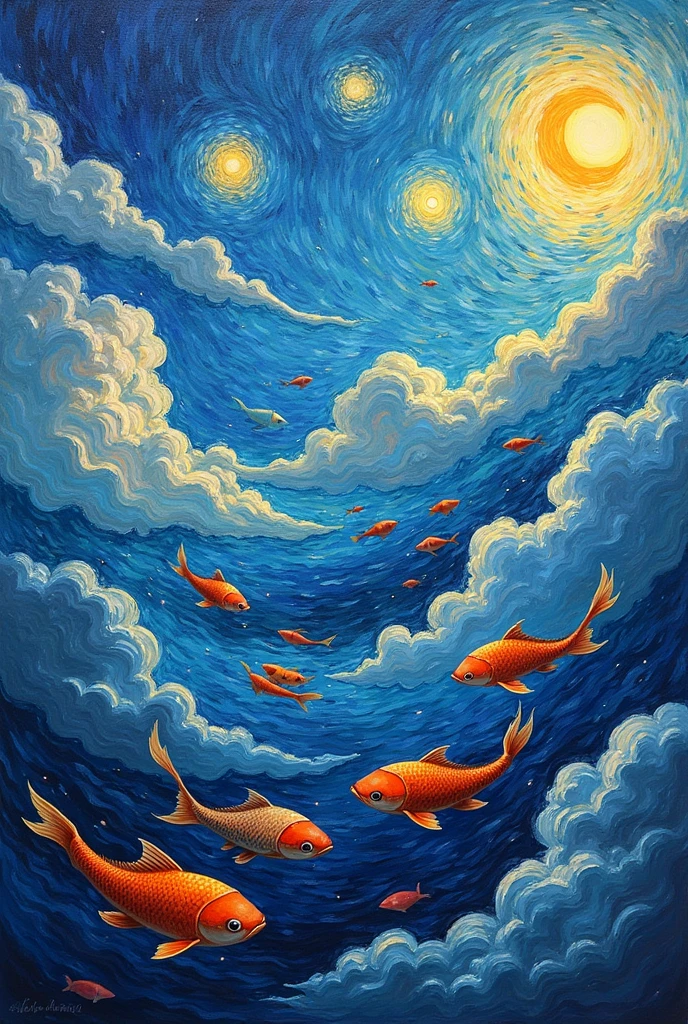 You can make a Van Gogh-type painting of the sky where the fish swim in the clouds.