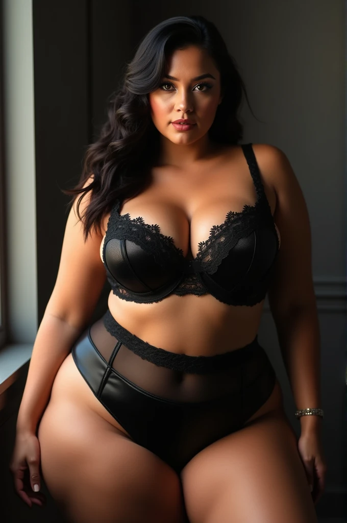 A Latina with very big breasts and black lingerie