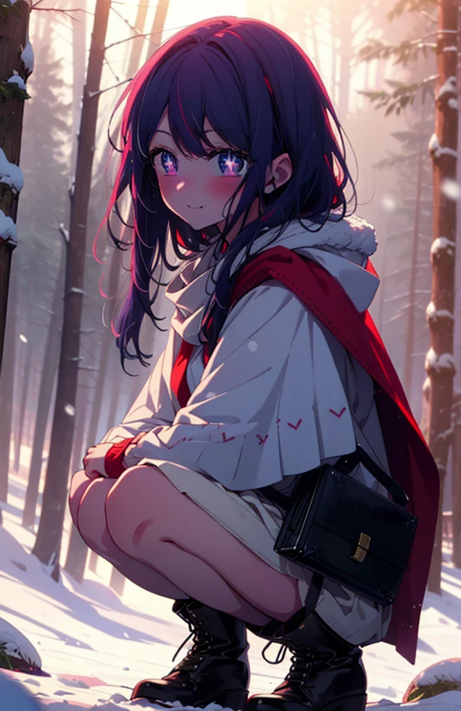 aihoshino, Ai Hoshino, Long Hair, bangs, (Purple eyes:1.1), Purple Hair, (Symbol-shaped pupil:1.5), smile,,smile,blush,white breath,
Open your mouth,snow,Ground bonfire, Outdoor, boots, snowing, From the side, wood, suitcase, Cape, Blurred, , forest, White handbag, nature,  Squat, Mouth closed, Cape, winter, Written boundary depth, Black shoes, red Cape break looking at viewer, Upper Body, whole body, break Outdoor, forest, nature, break (masterpiece:1.2), Highest quality, High resolution, unity 8k wallpaper, (shape:0.8), (Beautiful and beautiful eyes:1.6), Highly detailed face, Perfect lighting, Extremely detailed CG, (Perfect hands, Perfect Anatomy),