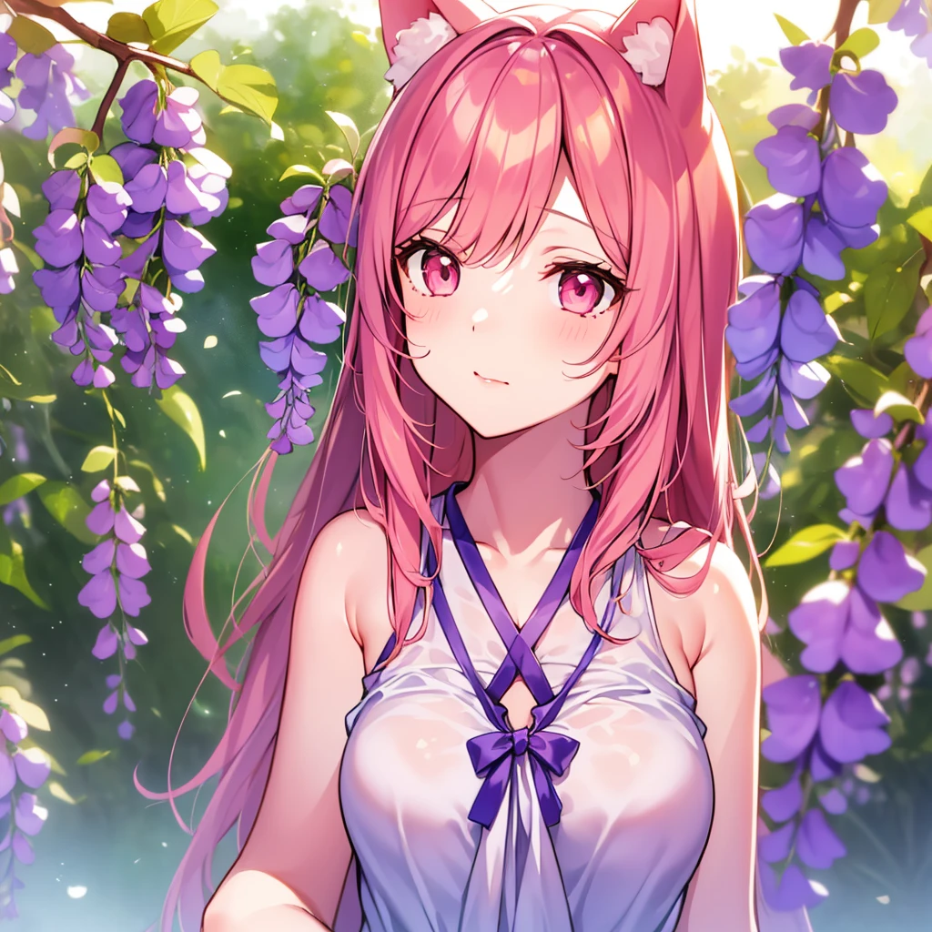 1 Girl, Solitary, Cute girl with pink hair, Pink Eyes, Wisteria flowers background, Soft natural light, Cat ears, Sleeveless white shirt