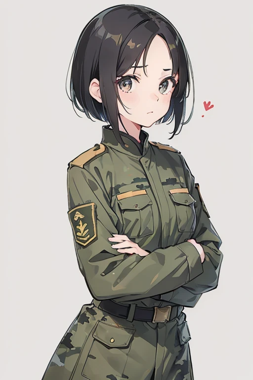 Girl, military camouflage uniform, PLA, Chinese, Asian, flat chest, black hair, forehead exposed, short hair