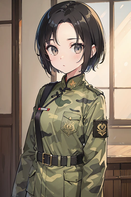 Girl, military camouflage uniform, PLA, Chinese, Asian, flat chest, black hair, forehead exposed, short hair