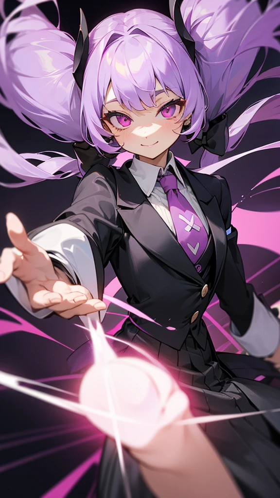 Black tailcoat、tie、Light purple hair、thick twin tails、Baby Face、Pink Eyes、、masterpiece, Highest quality, Anatomically correct, smile、