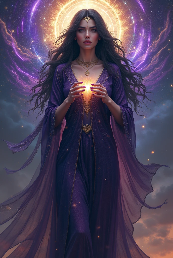 Ethereal Majestic female goddess with dark purple , dark blue , yellow colour palette. Black hair . Dark aura