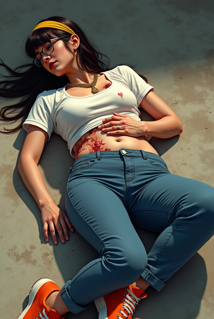 Picture a woman lying shot in the leg, Hands, chest, stomach, white shirt, short-sleeved shirt, blue pants, wearing a yellow headband and glasses, orange shoes, straight hair and wearing a gold necklace