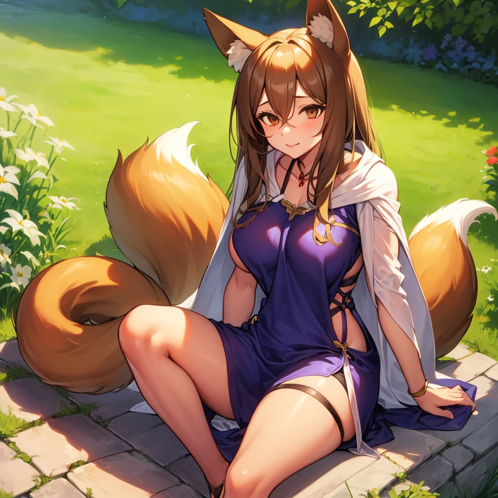 fox, (Monster Girl), long brown ears，Dark brown inside, Brown fur, Tepia neck villi, Brown fluffy tail，The tip is brown, Big brown eyes, dressed sober clothes, Sitting in the garden, masterpiece, best quality