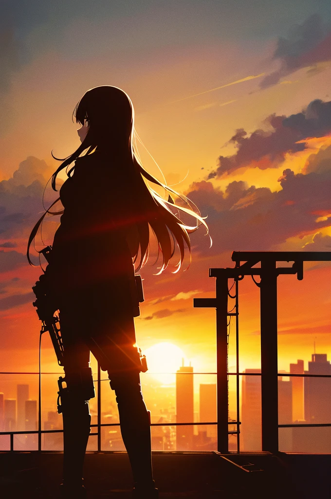 Cityscape, building, Skyline, sunset, Silhouette against a cloud background, meditation. Watching the beautiful sunset, sunset時に, sunset時, sunsetとともに, In the sunset, Nice views, Sunset view, With the sunset, sunset時に, During Golden Hour, looking sunset時に, Sunset in the background, Watching the sunset, In the spotlight, holding_gun, assault_rifle, Very detailed, Brown Hair, Long Hair, Anime Style, whole body, alone, Stylish Gunfighter Girl, Holding a steampunk long barrel pistol,Standing in the wasteland, 8K high resolution, White Background, The background is a dark and desolate landscape, Horror movie atmosphere. Her figure is very beautiful, Emphasizing the dark and crazy elements. Skillfully expressing the effects of light and shadow, Anime girls with guns and rifles, from Girls&#39; Frontline, mechanized soldier girl, Girls&#39; Frontline style