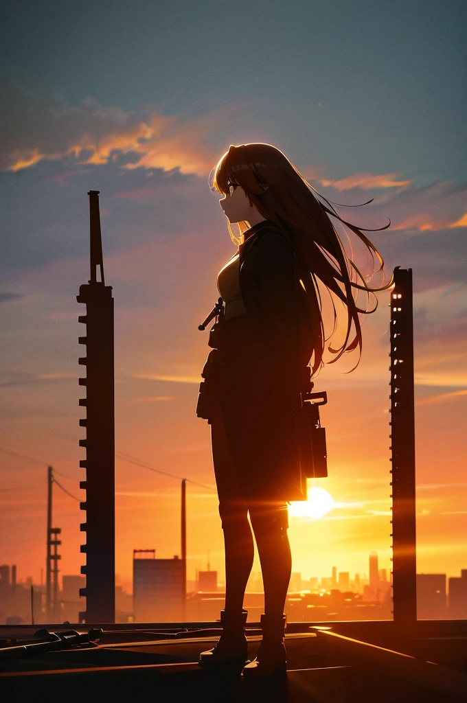 Cityscape, building, Skyline, sunset, Silhouette against a cloud background, meditation. Watching the beautiful sunset, sunset時に, sunset時, sunsetとともに, In the sunset, Nice views, Sunset view, With the sunset, sunset時に, During Golden Hour, looking sunset時に, Sunset in the background, Watching the sunset, In the spotlight, holding_gun, assault_rifle, Very detailed, Brown Hair, Long Hair, Anime Style, whole body, alone, Stylish Gunfighter Girl, Holding a steampunk long barrel pistol,Standing in the wasteland, 8K high resolution, White Background, The background is a dark and desolate landscape, Horror movie atmosphere. Her figure is very beautiful, Emphasizing the dark and crazy elements. Skillfully expressing the effects of light and shadow, Anime girls with guns and rifles, from Girls' Frontline, mechanized soldier girl, Girls' Frontline style