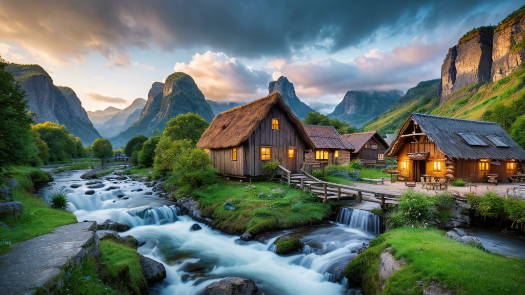 Danish Old Village, mystical nature, Rivers, Mountains and forests, waterfall, cloud, Photorealistic photos, It&#39;s not 8k. Aerial view.