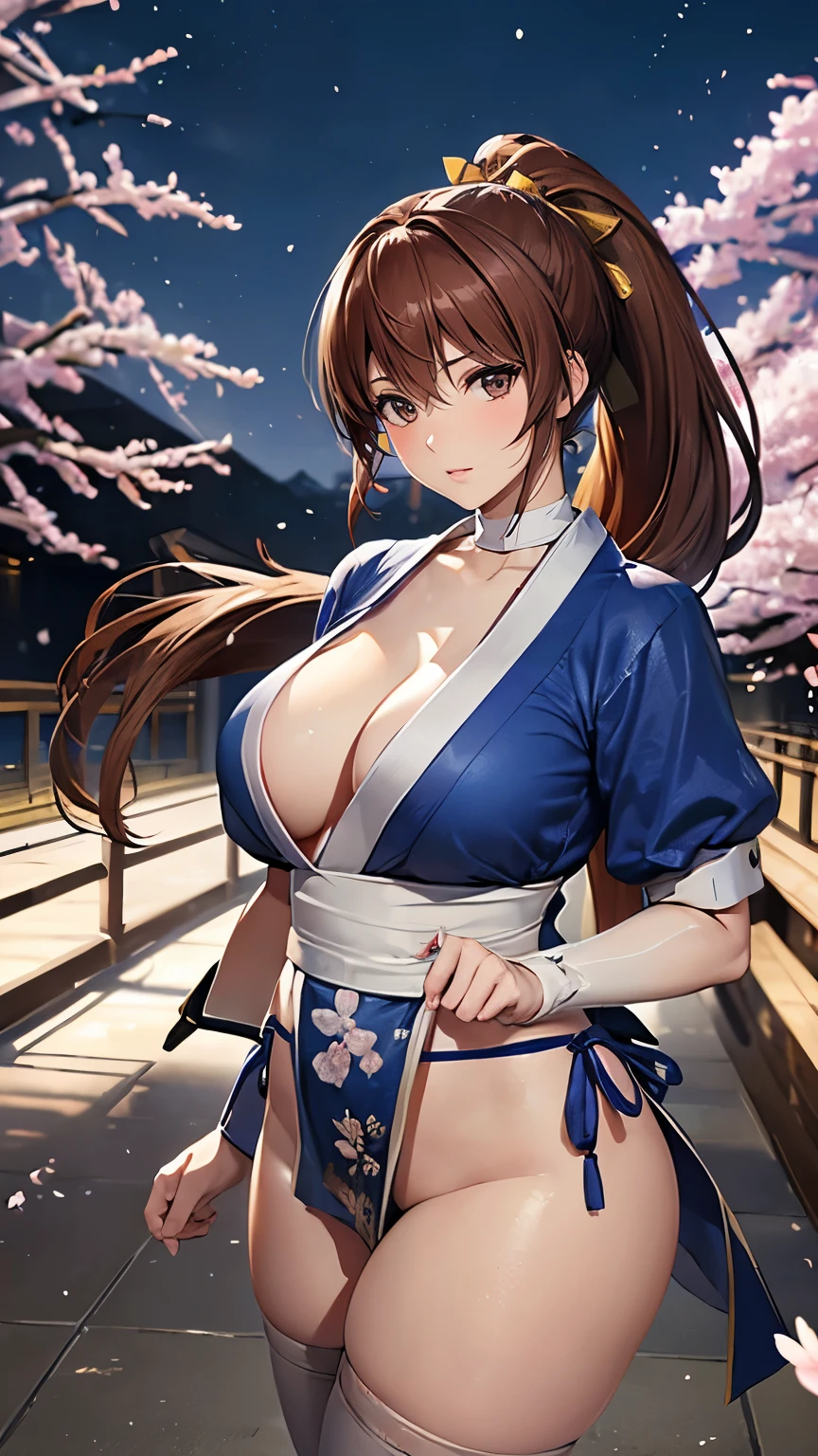kasumi,((Very beautiful long brown ponytail,Beautiful brown eyes)),(8k,Realistic,RAW Photos,Highest quality:1.28),Beautiful Face,Realistic lips,Beautiful and detailed hair,Charm,Intricate details,Very beautiful and detailed eyes,((blue japanese clothes,White thigh-high socks:1.33)),Rin々A funny expression,Intricate details,Perfect proportions,((Full moon and cherry blossom snowstorm:1.19)),((Trying to fight the enemy:1.25)),Detailed Pixels,Dynamic Angle,Professional Lighting