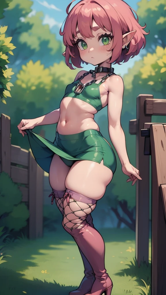 absurd resolution, ((best quality)), ((masterpiece)), (very detailed), 4k, goblin girl, short stature,short pink hair, wearing microskirt, wearing chains, pink eye makeup, ripped fishnets, ((green skin)), small pointy ears, thigh boots,