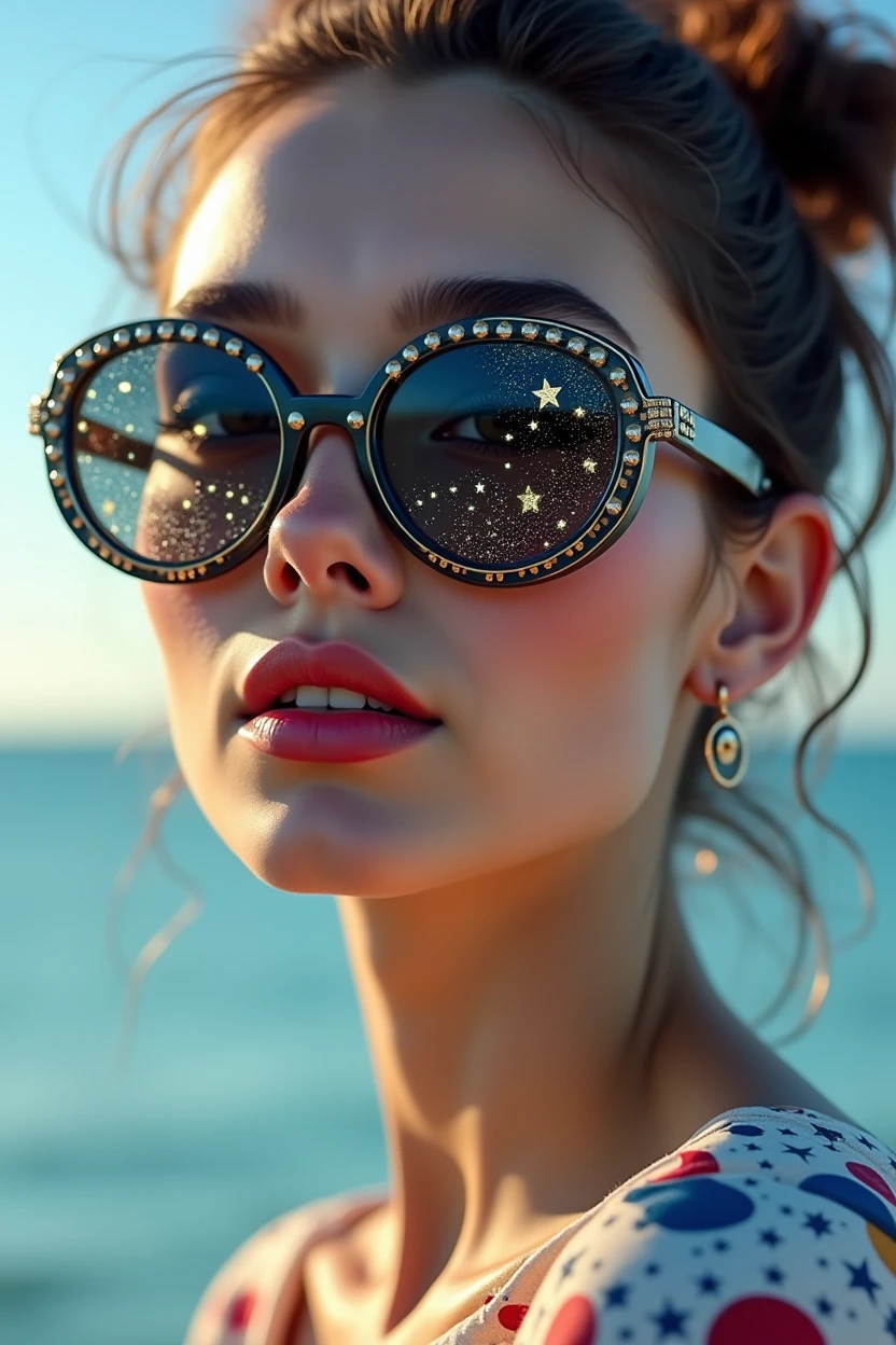The model is wearing glass sunglasses with stars and the moon on the glass