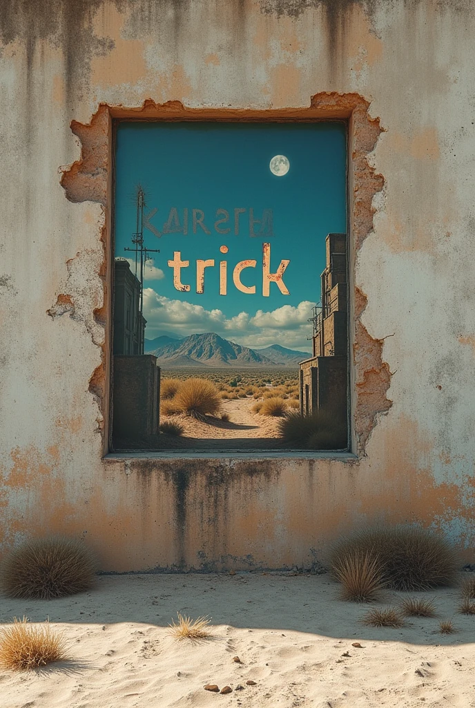 A poster on a deserted exterior wall, Cut into the shape of letters, (text:"karma art") The word, Big Bold, Draw inside the cutout, BREAK Art that inspires creators to create images, An aesthetic world that unfolds behind the characters, Add text to the bottom of the screen, (text:"Break down the walls of creativity!")