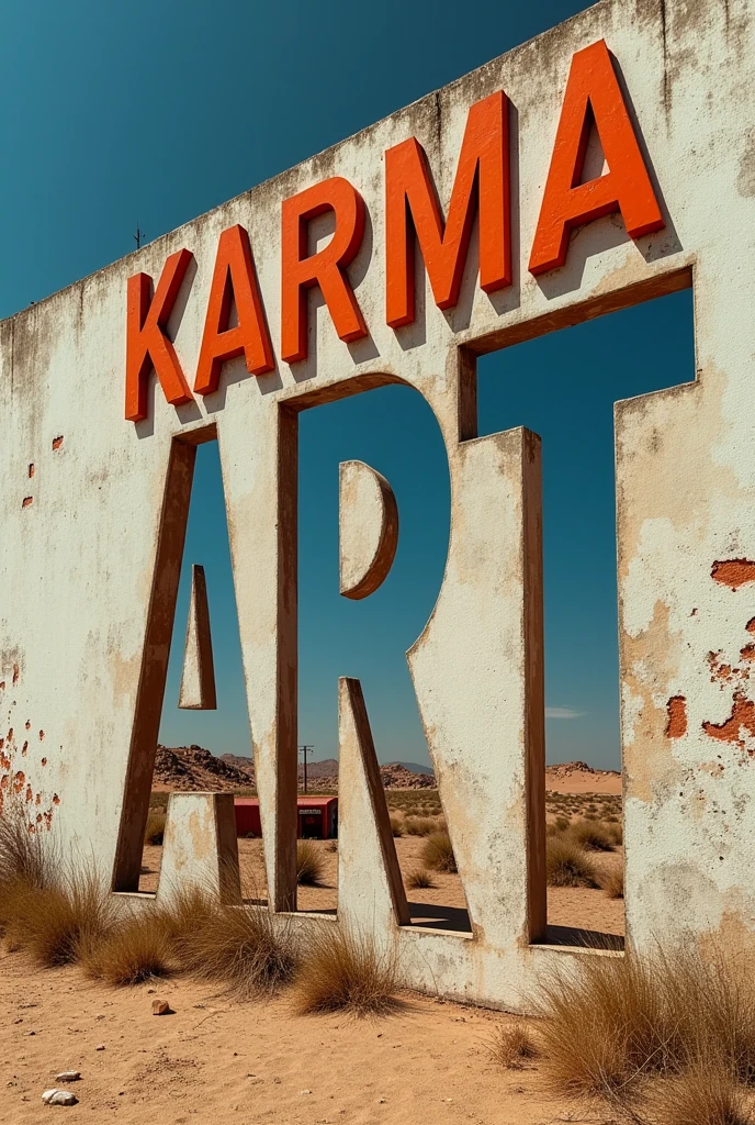 A poster on a deserted exterior wall, Cut into the shape of letters, (text:"karma art") The word, Big Bold, Draw inside the cutout, BREAK Art that inspires creators to create images, An aesthetic world that unfolds behind the characters, Add text to the bottom of the screen, (text:"Break down the walls of creativity!")