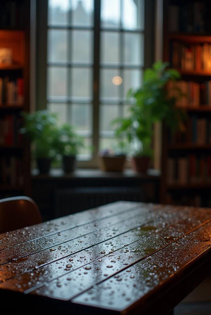 wooden table rainy drops window library dark backdrop in vertical size image