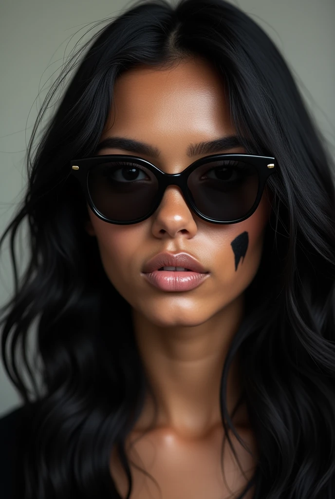 A woman with long black hair, with medium dark skin with vitiligo more in the eyelid region and a little on the right side and on the neck, with a black frame sunglasses,with a tattoo of a black stripe on the right side of his face