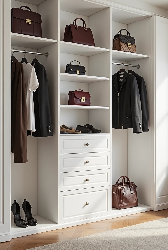 elegant closet  white attached to a wall that has space to place perfumes and bags, suitcases on top, 5 or more long drawers, and to store longer t-shirts and coats as well,an specific space for shoes .big

