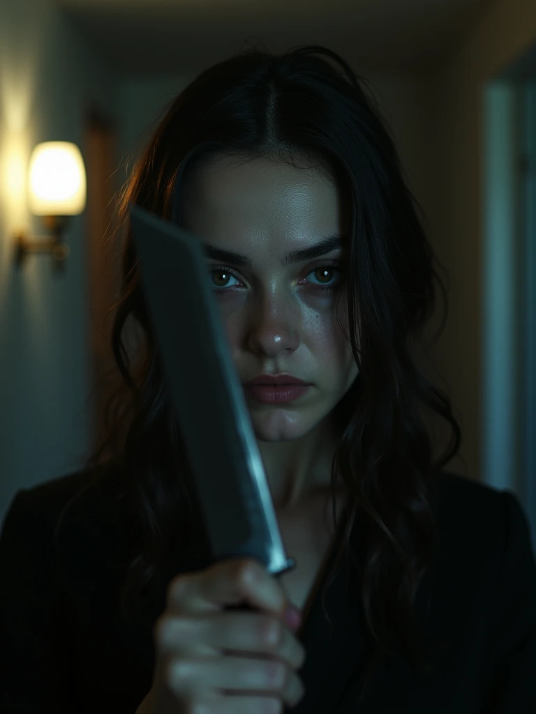 a woman&#39;s face with a blank stare, thin lips smile sarcastically, hold the knife tightly, peep, in the dimly lit candlelit hallway. UHD  -imagine