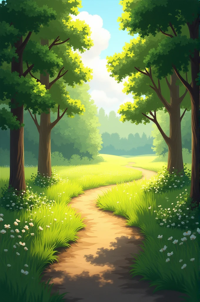 Create a path at midday where there are small round pines on the sides, and a quiet meadow in the background